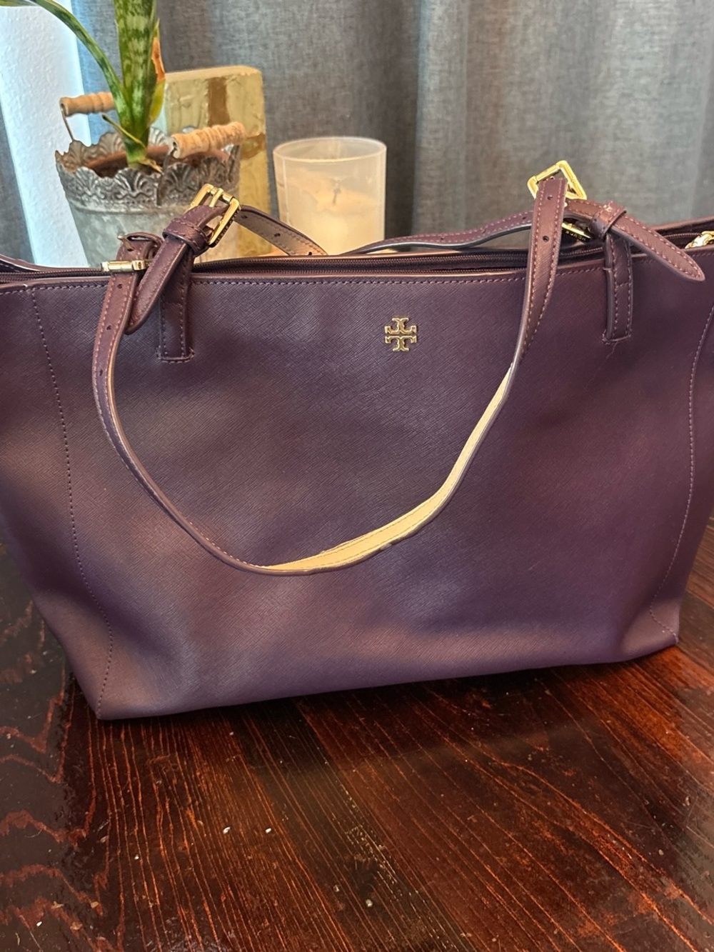 Tory Burch Plum Leather Tote with Gold Logo